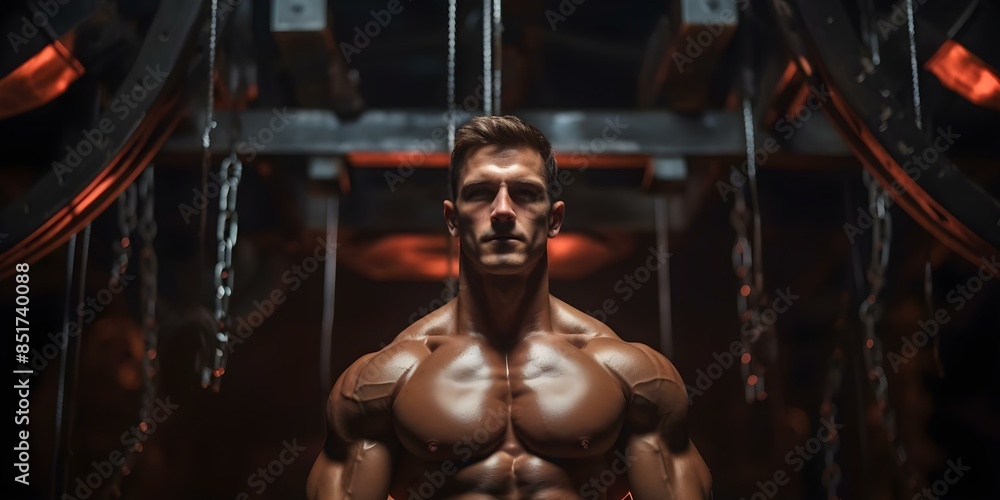 Muscular bodybuilder displaying strength and power in fitness world with copy space. Concept Bodybuilding, Strength, Fitness, Power, Copy Space
