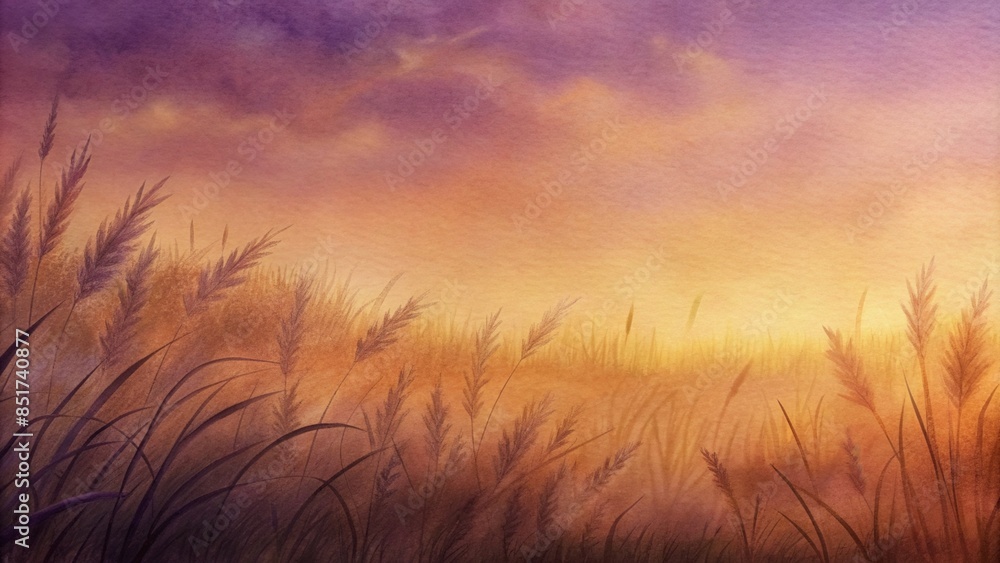 Naklejka premium Generative AI. a tranquil scene at sunset or sunrise, with long blades of grass swaying gently in the foreground