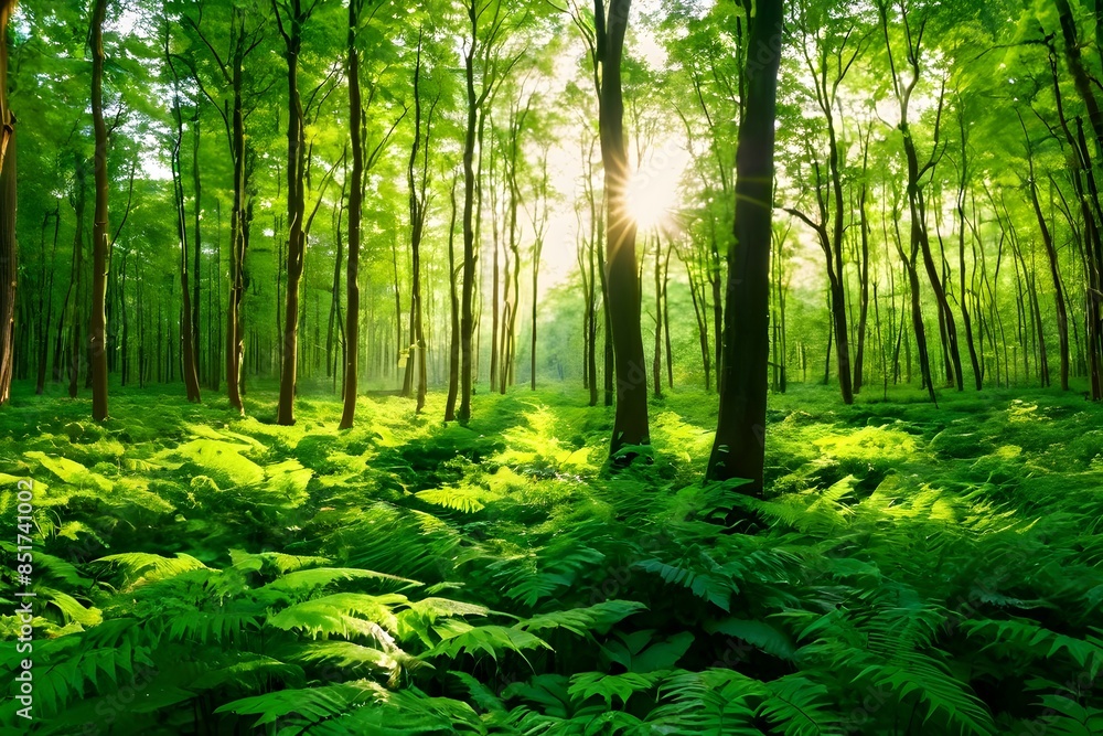Lush Green Forest With Ferns And Sunbeams Lush Green Forest With Ferns And Sunbeams