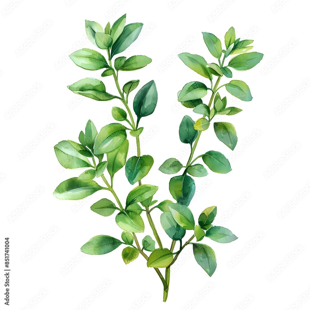 Delicate Watercolor Thyme Sprig with Green Leaves on Clean White Background Delicate Watercolor Thyme Sprig with Green Leaves on Clean White Background