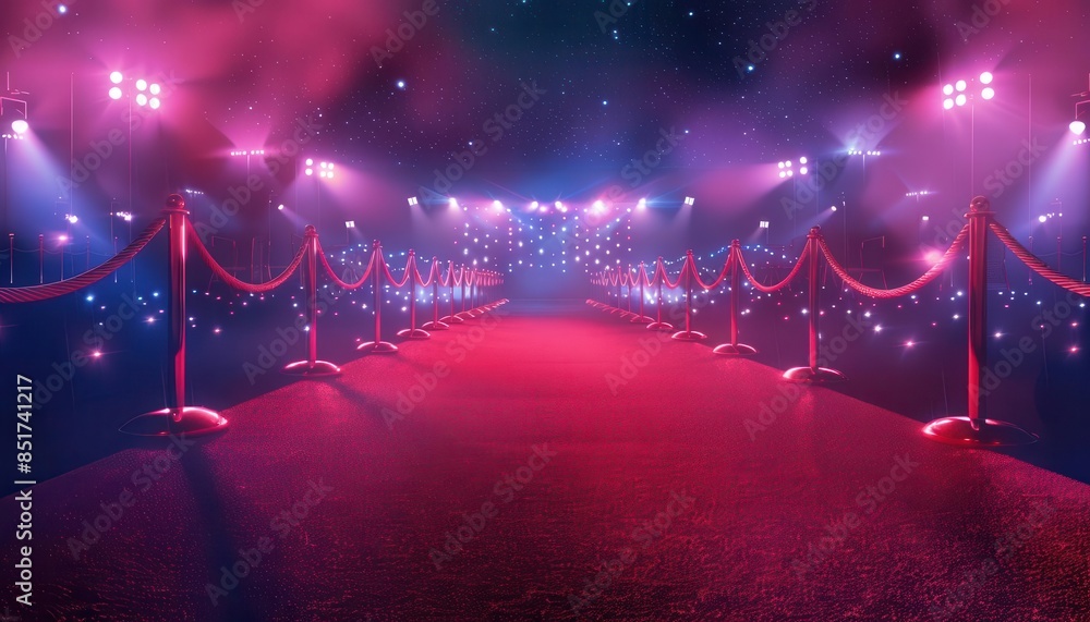 glamorous red carpet party background with spotlights velvet ropes and
