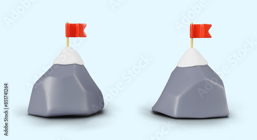 Gray 3D mountain with snow peak and red flag. Symbol of achieving goal