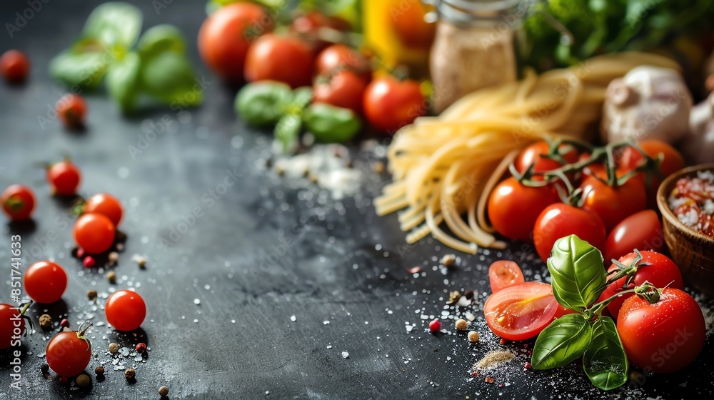Fresh tomatoes, herbs, and pasta ingredients on a black countertop, perfect for Italian cuisine and cooking concepts. Fresh tomatoes, herbs, and pasta ingredients on a black countertop, perfect for Italian cuisine and cooking concepts.