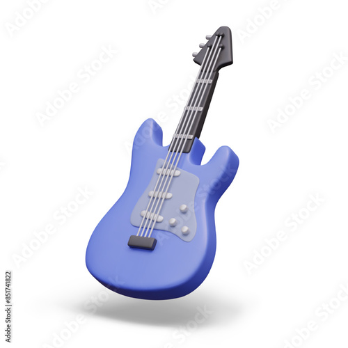 3D blue electric guitar on white background. Detailed image of modern stringed musical instrument