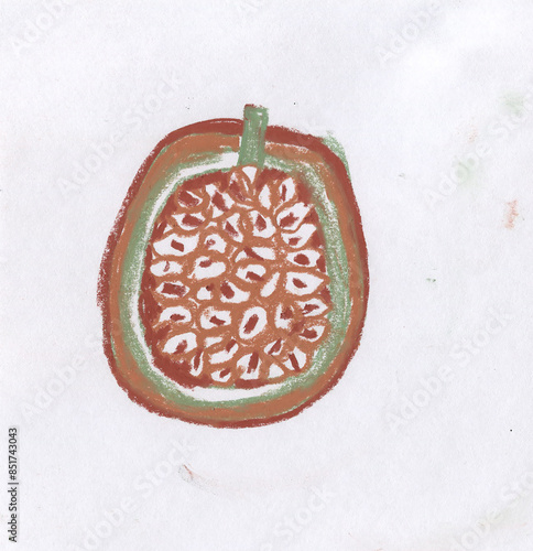 Passion fruit drawing in hand drawn style with rough pastel texture. Granadilla symbol for cosmetics or yogurt packaging and healthy vegetarian food labels. Hand-drawn tropical fruit illustration. photo
