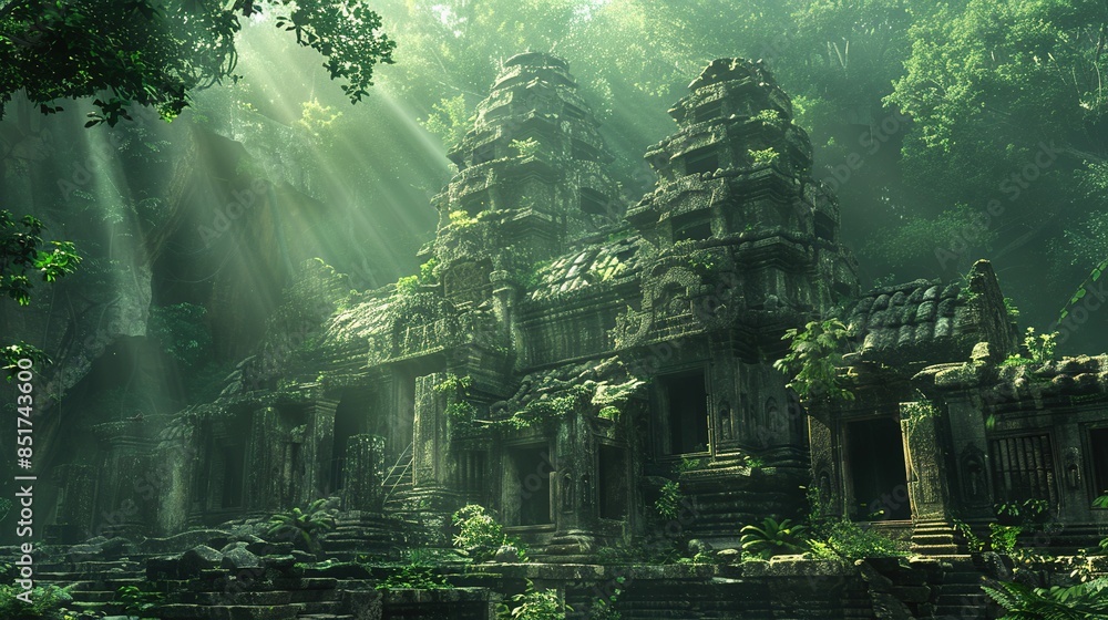 Fototapeta premium Ancient temple ruins bathed in sunlight amidst the dense forest canopy