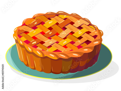 Sweet berry pie Cartoon isolated baked round tart with red jam. whole homemade cake baked round braided pie ruddy on plate.