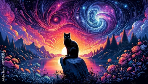 A black cat sitting on a rock with a vibrant sunset and starry sky in the background.