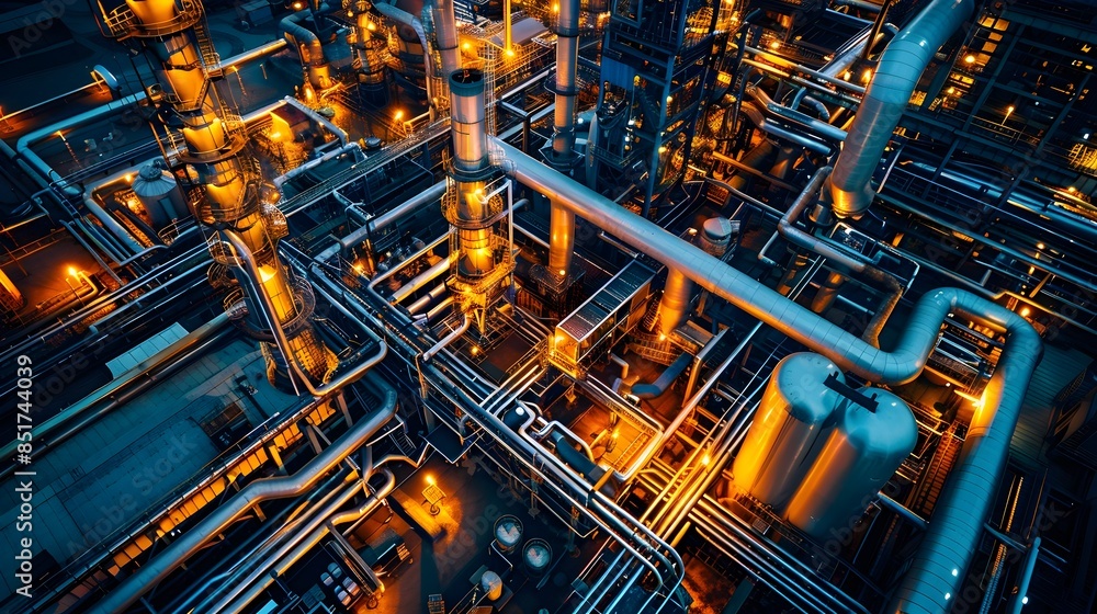 Illuminated Industrial Complex at Night with Intricate Pipes and Machinery Futuristic Manufacturing Concept Illuminated Industrial Complex at Night with Intricate Pipes and Machinery Futuristic Manufacturing Concept