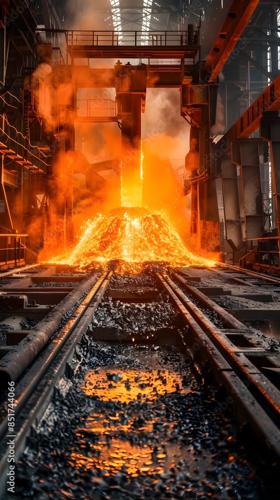Naklejka premium Molten Steel Pouring in Steel Mill Interior Industrial Concept