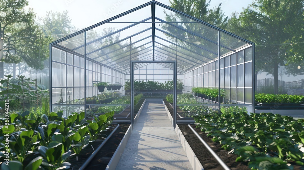 minimalist greenhouse with clear glass panels, minimal frames, and rows of neatly organized plants, creating a functional and beautiful space for gardening minimalist greenhouse with clear glass panels, minimal frames, and rows of neatly organized plants, creating a functional and beautiful space for gardening