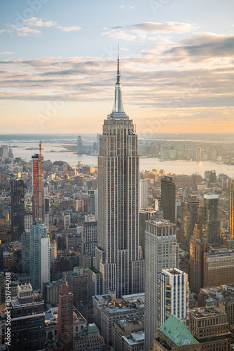 Aerial view of the Empire State Building and downtown Manhattan at dusk, New York City. 