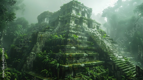 Fototapeta Naklejka Na Ścianę i Meble -  A lush green jungle with a large stone building in the middle
