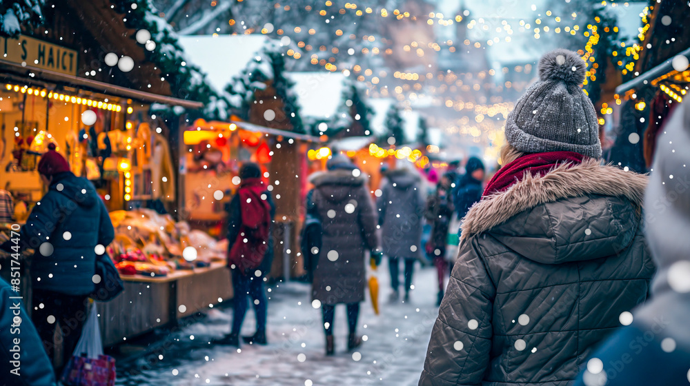 Obraz premium Snowy winter scene at a festive holiday market with lights