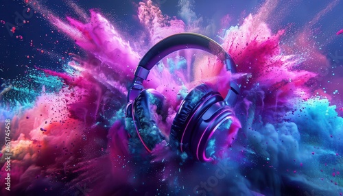 headphones and vivid color powder explosion creative music and festival concept digital illustration