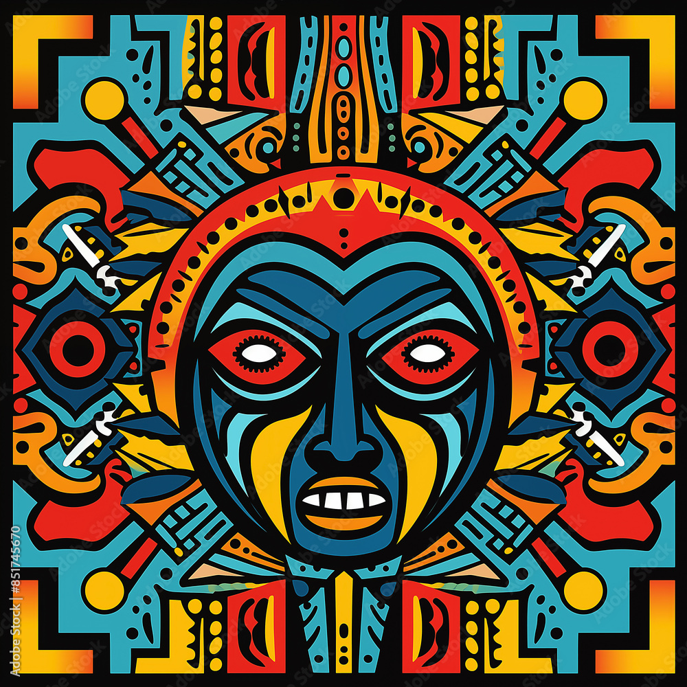 A vibrant, colorful tribal pattern with geometric shapes and intricate patterns in the style of African art. The design includes bold colors like reds, blues, yellows and greens A vibrant, colorful tribal pattern with geometric shapes and intricate patterns in the style of African art. The design includes bold colors like reds, blues, yellows and greens
