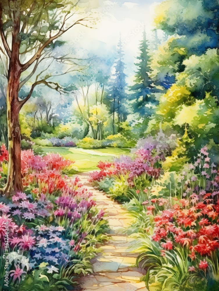 Fototapeta premium Beautiful watercolor painting of a serene garden pathway surrounded by vibrant flowers, lush plants, and tall trees under a sunny sky.