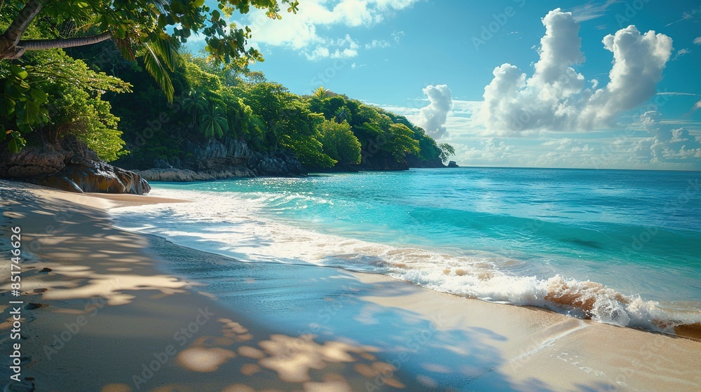 A beautiful beach with a clear blue ocean and a few trees in the background A beautiful beach with a clear blue ocean and a few trees in the background