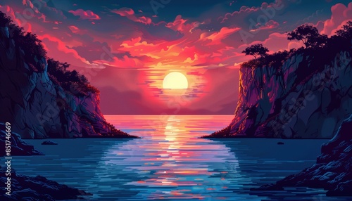 Beautiful vibrant digital painting of a sunset over a tranquil ocean bay with cliffs in the foreground and dramatic clouds above. photo