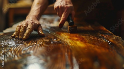 Craftsman applying varnish to a wooden surface, showcasing the art of woodworking and the beauty of hand-finished timber.