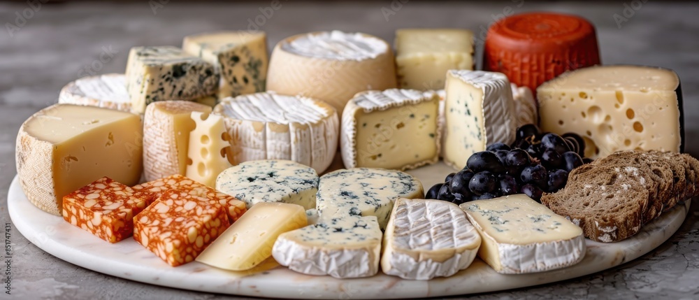 Assorted cheese platter with diverse cheese varieties, garnished with grapes and bread, perfect for gourmet presentations and culinary delights. Assorted cheese platter with diverse cheese varieties, garnished with grapes and bread, perfect for gourmet presentations and culinary delights.