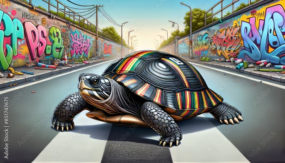 Fototapeta premium A detailed image of a turtle on an asphalt road with colorful street art or graffiti in the background, adding a vibrant urban feel.