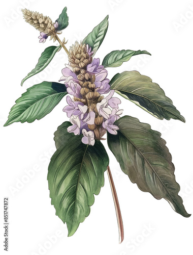 Patchouli flower isolated on transparent background, old botanical illustration, branch with leaves #851747872