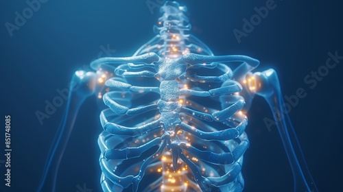 A glowing human skeletal system with a blue background. The rib cage, spine, and shoulder blades are visible.