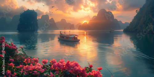 Beautiful Halong Bay in Vietnam at sunrise photo