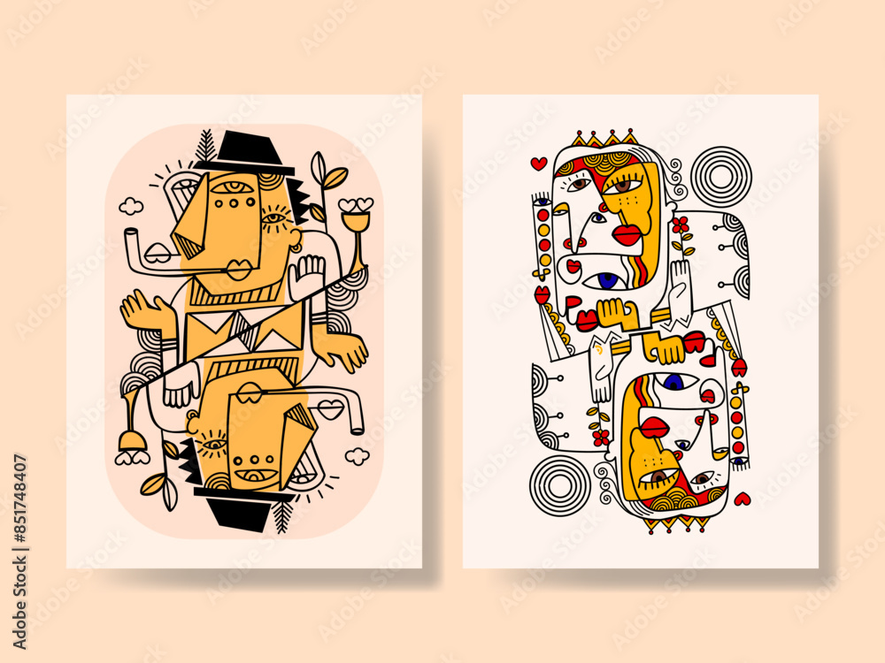 Obraz premium Set of abstract face portraits geometric, shapes, doodle , decorative hand drawn vector illustration wall art. Cubism male and female portrait aesthetic design for poster, cover, print and decoration.