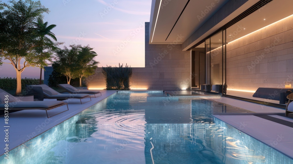 Obraz premium minimalist pool area with an infinity pool, discreet landscape lighting, and simple lounge chairs, all designed to highlight the water feature