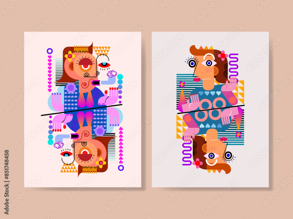 Fototapeta premium Set of abstract face portraits geometric, shapes, doodle , decorative hand drawn vector illustration wall art. Cubism male and female portrait aesthetic design for poster, cover, print and decoration.