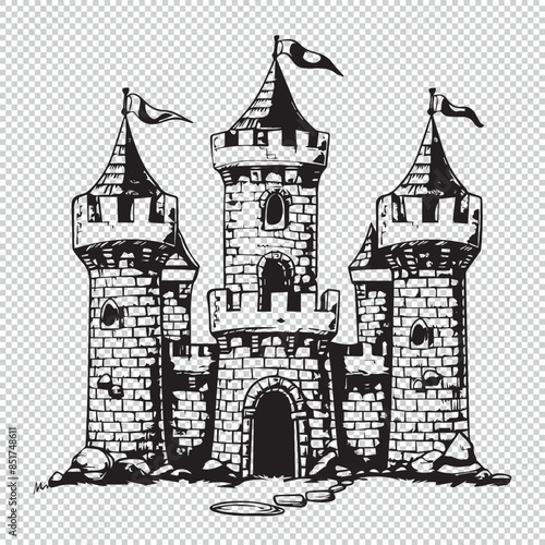 Cartoon castle design, black vector illustration on transparent background