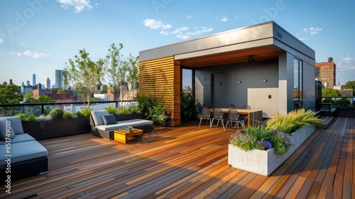 minimalist rooftop terrace with wooden decking, simple planters, and sleek furniture, offering a chic space to entertain guests