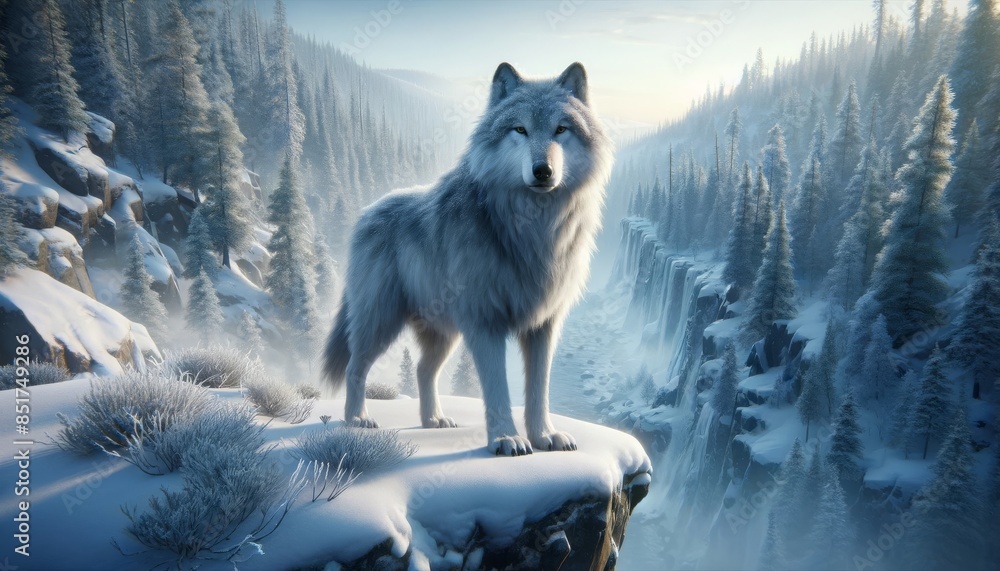 Naklejka premium A majestic shot of a wolf standing on the edge of a snowy cliff, looking into the distance.