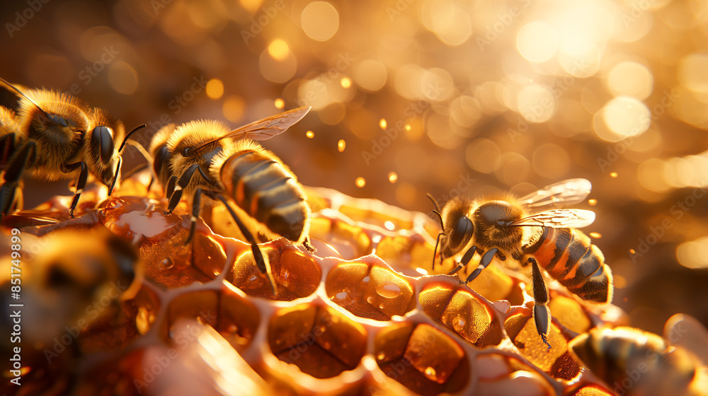 Fototapeta premium Worker Bees Tending to Hive Activities in Natural Setting
