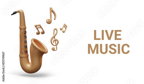 Live music concept in realistic style. Metallic notes emerge from saxophone