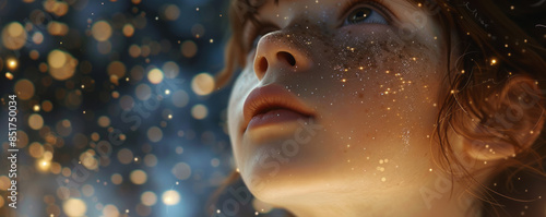 A photorealistic image of a child's face full of wonder as they gaze up at the stars.