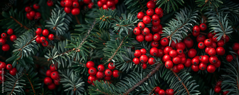abstract background of red berries, hedera and christmas pine tree braches abstract background of red berries, hedera and christmas pine tree braches