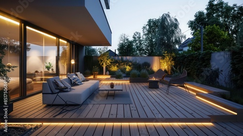minimalist Scandinavian outdoor patio with clean lines, functional furniture, and subtle lighting integrated into a wooden deck, perfect for summer evenings