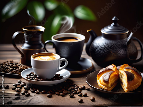 coffee spread on a rustic wooden table.