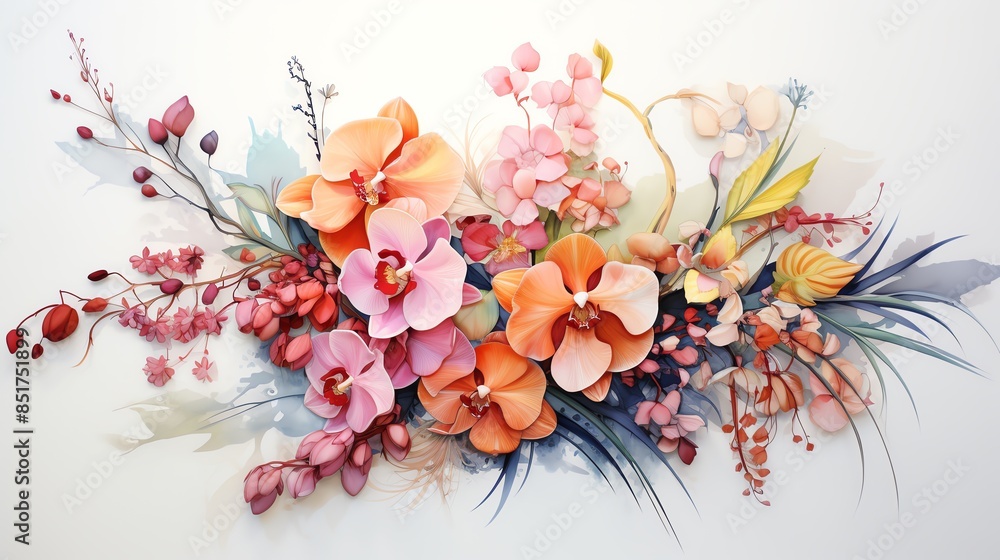 Naklejka premium Watercolor painting of a beautiful bouquet of pink and orange orchids with green leaves and pink flowers.