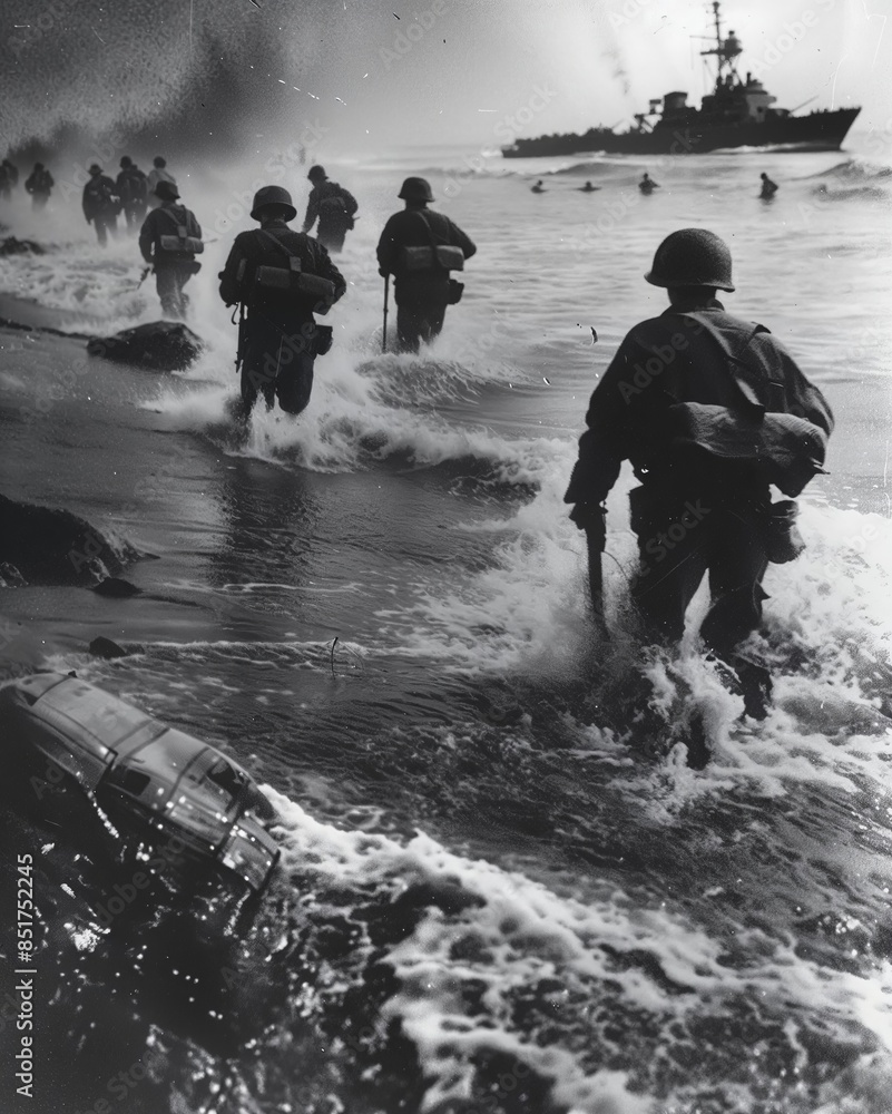 Fototapeta premium illustration of a black and white archival depicting American soldiers wading ashore during war, highlighting the bravery and determination of the allied forces