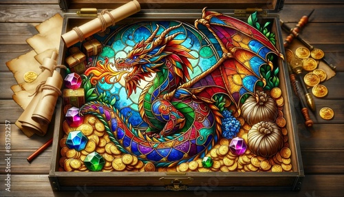 A vibrant, stained glass dragon surrounded by a treasure hoard. © FantasyLand86