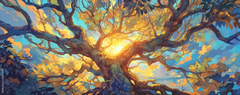 Fototapeta premium A vibrant illustration of a magical tree bathed in golden sunlight, capturing the essence of nature's beauty and mystical wonder.
