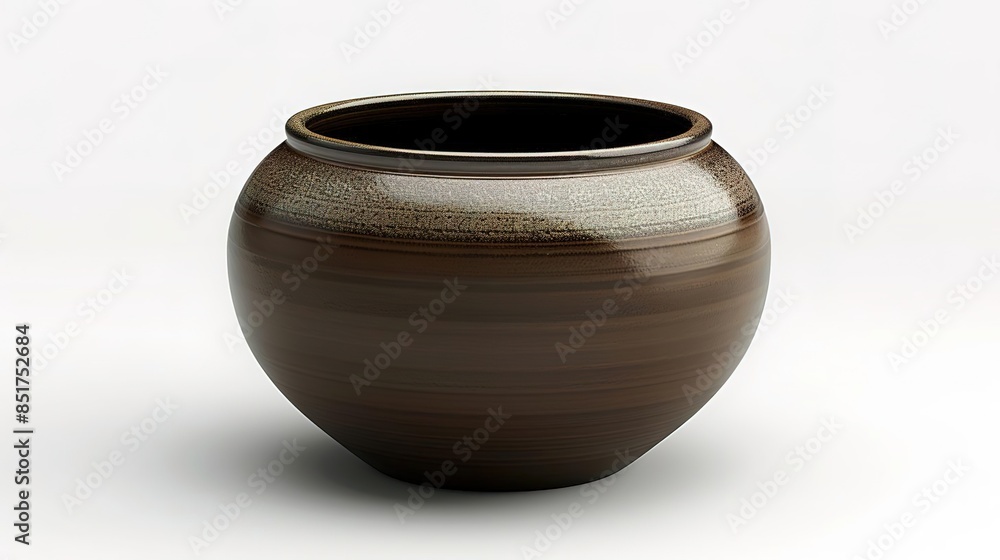 Brown ceramic pot with a rounded shape, isolated on a white background. Brown ceramic pot with a rounded shape, isolated on a white background.
