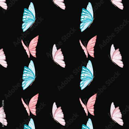 Seamless pattern of colorful butterflies watercolor illustration on a black background. Hand drawn illustration of butterflies for fabric printing, baby wallpaper, baby linen, baby shower.
