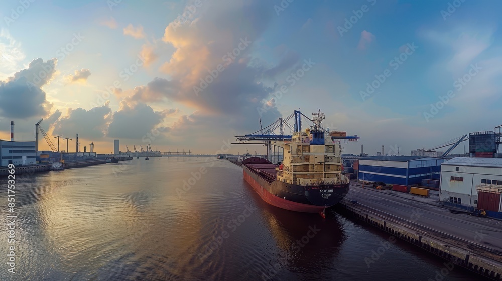 A panoramic view of an international cargo ship A panoramic view of an international cargo ship
