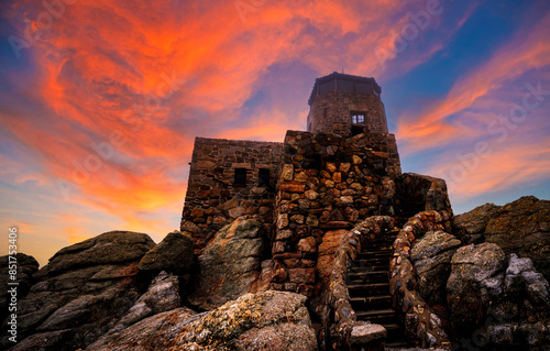 Black Elk Peak Fire Tower, formerly Harney Peak Fire Lookout Tower, the highest summit at 7,244 feet in South Dakota and East of Rocky Mountains: The dramatic summer landscape photo