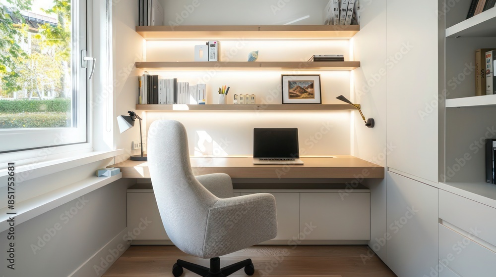 Scandinavian-style home office with a minimalist desk, ergonomic chair, and built-in shelves, creating a clean and productive workspace Scandinavian-style home office with a minimalist desk, ergonomic chair, and built-in shelves, creating a clean and productive workspace